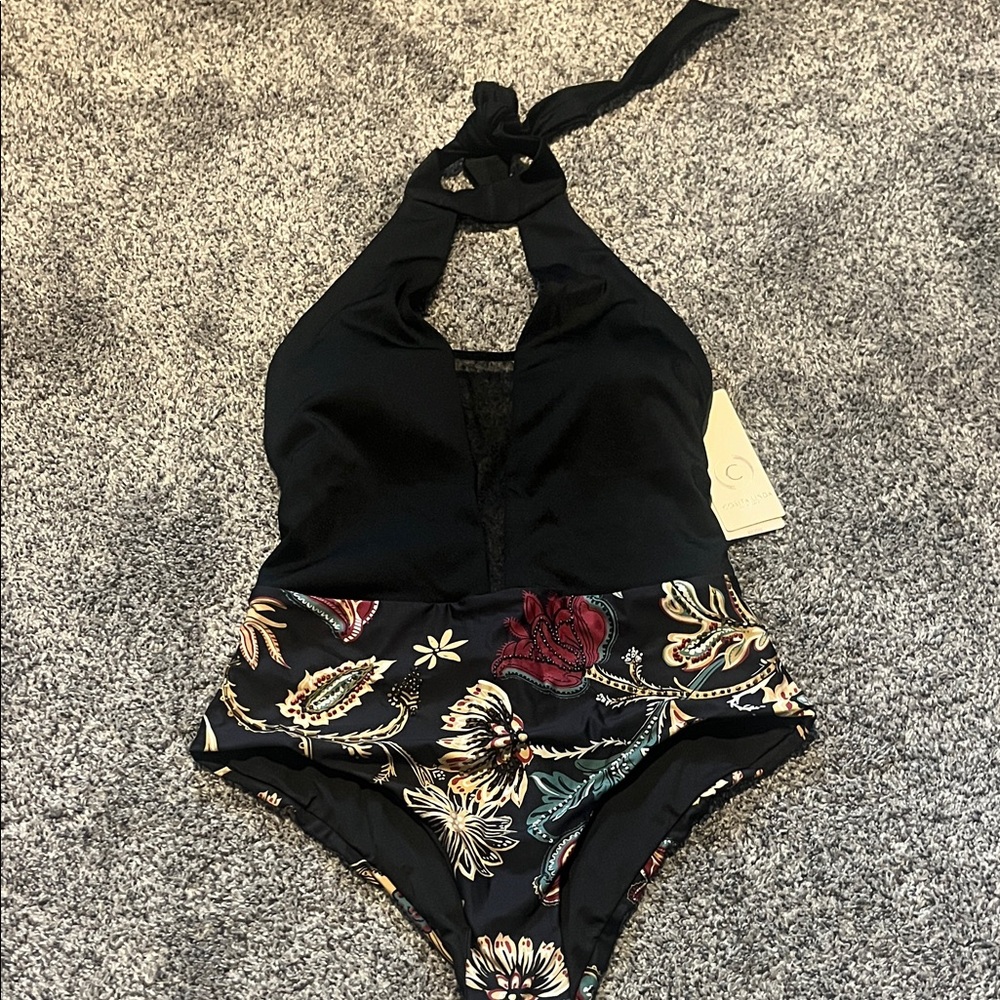 Cosita Linda Black Halter One-Piece Swimsuit with mesh inset & Floral Print